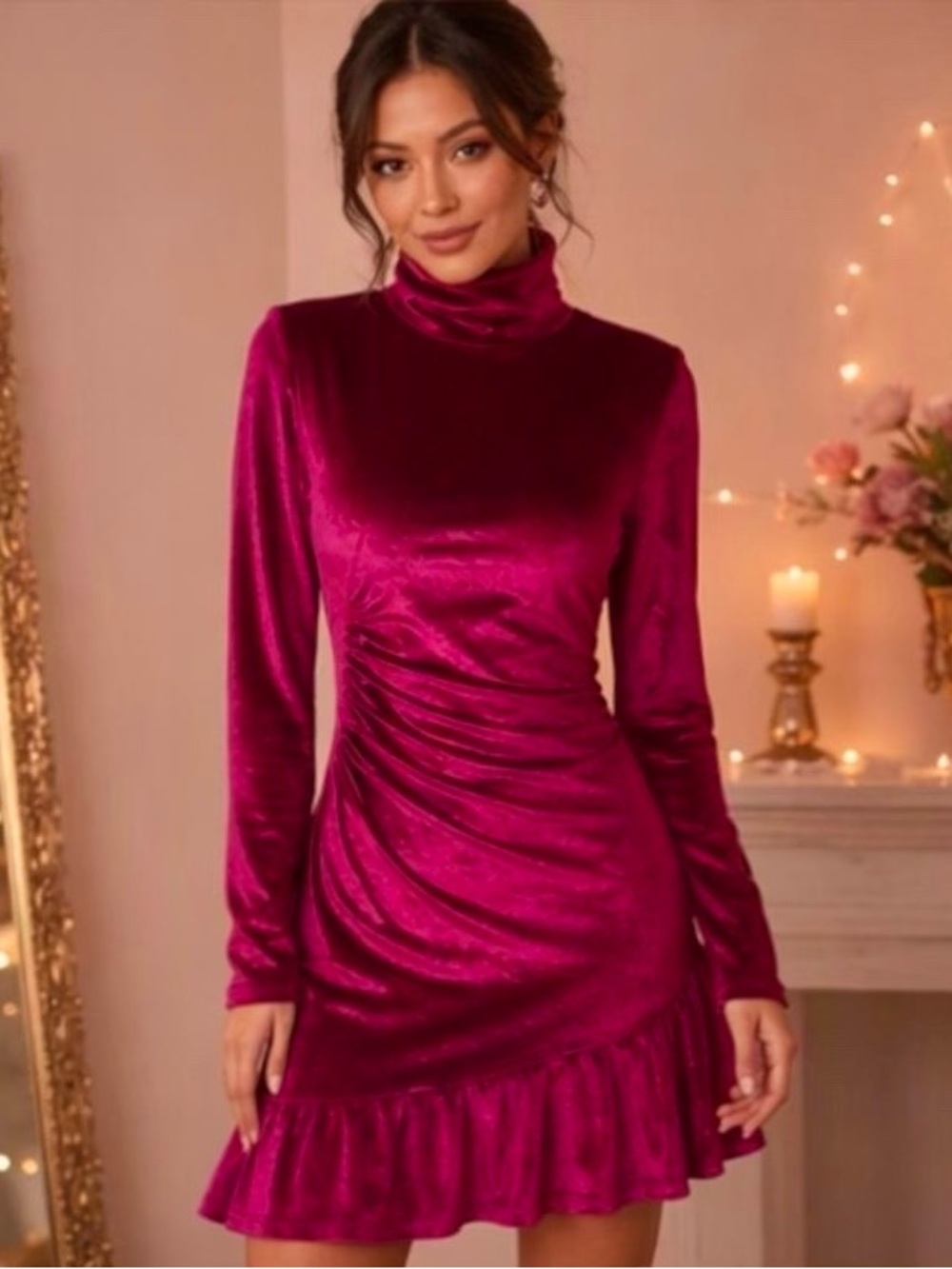 🎀🌷 Red Velvet-Look Ruched Ruffle Mini Dress 🌷🎀 NWT